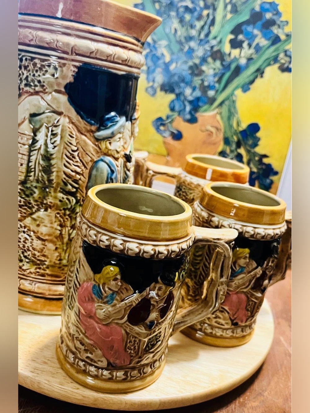 Vintage Style Ceramic Beer Stein Set with Musical Relief